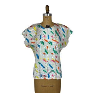 Vintage 80s Rainbow Top Womens Large Half Slv Paint Splatter Print